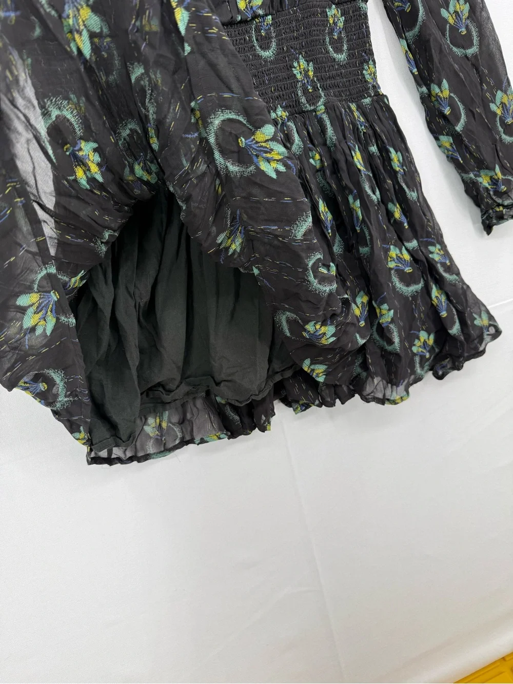 Free People Printed Smocked Mini Dress S Black Floral Sheer Long Sleeve Boho